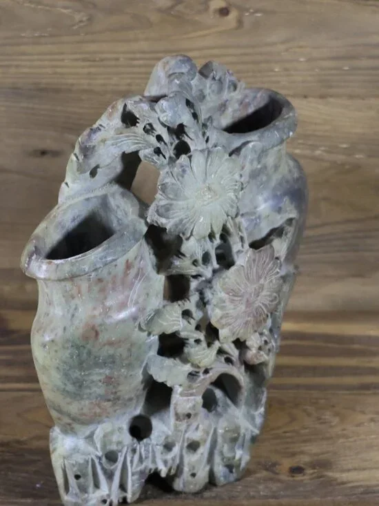 Vintage Chinese Carved Soapstone Double Vase With Flowers and Leaves 6. 5" tall - Picture 5 of 7